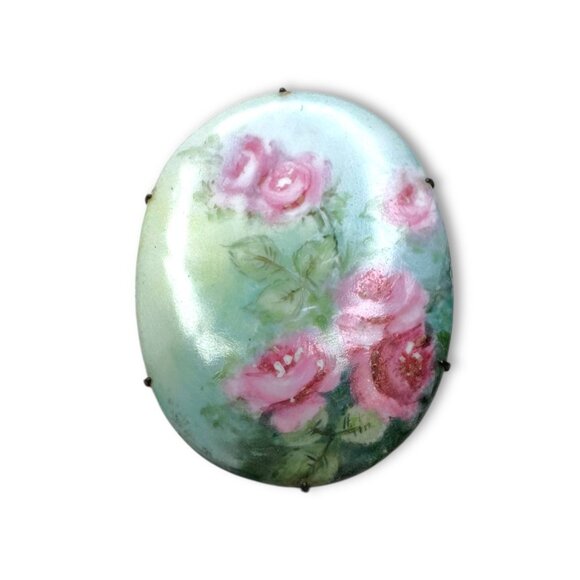Antique Porcelain Pink Rose Hand-Painted Brooch C Clasp - Picture 1 of 8